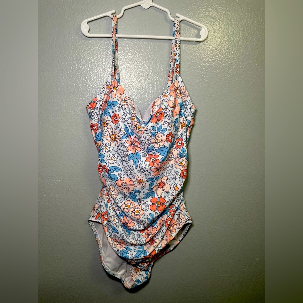 Blue and Pink Floral One Piece Swimsuit with Ruching